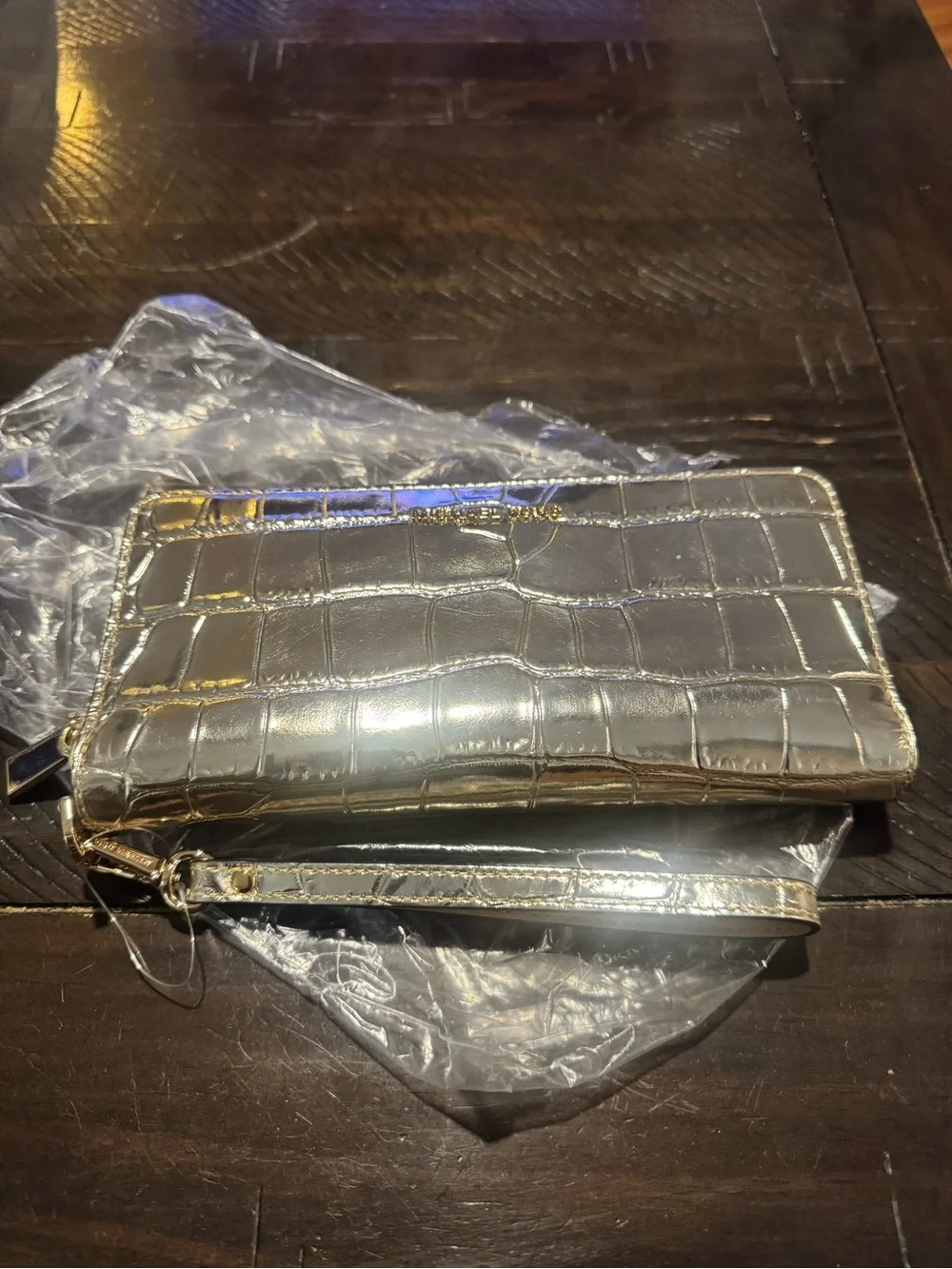 Michael Kors Gold Zip-Around Leather Wristlet Wallet with Detachable Strap